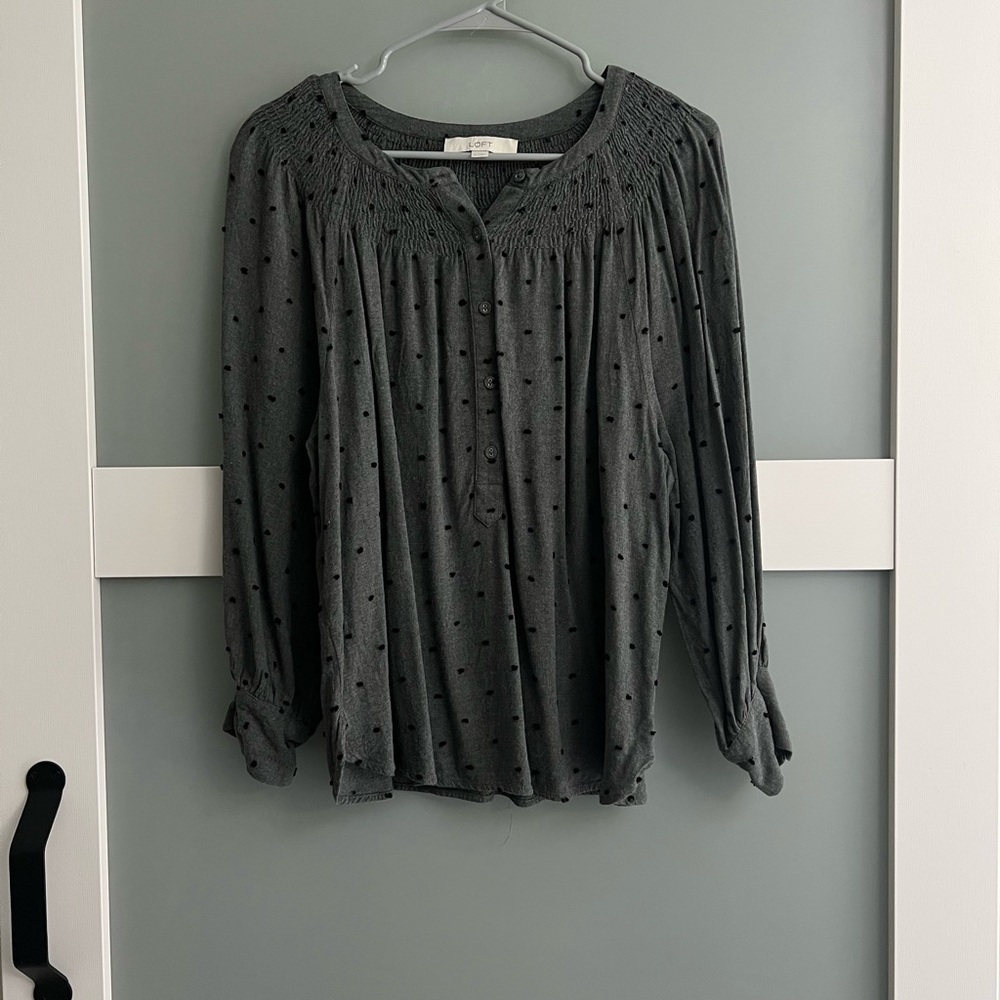 LOFT Gray Polka Dot Blouse